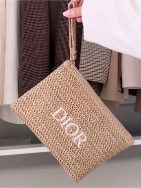 Dior Beauty Raffia Straw Cosmetic Pouch Makeup Bag